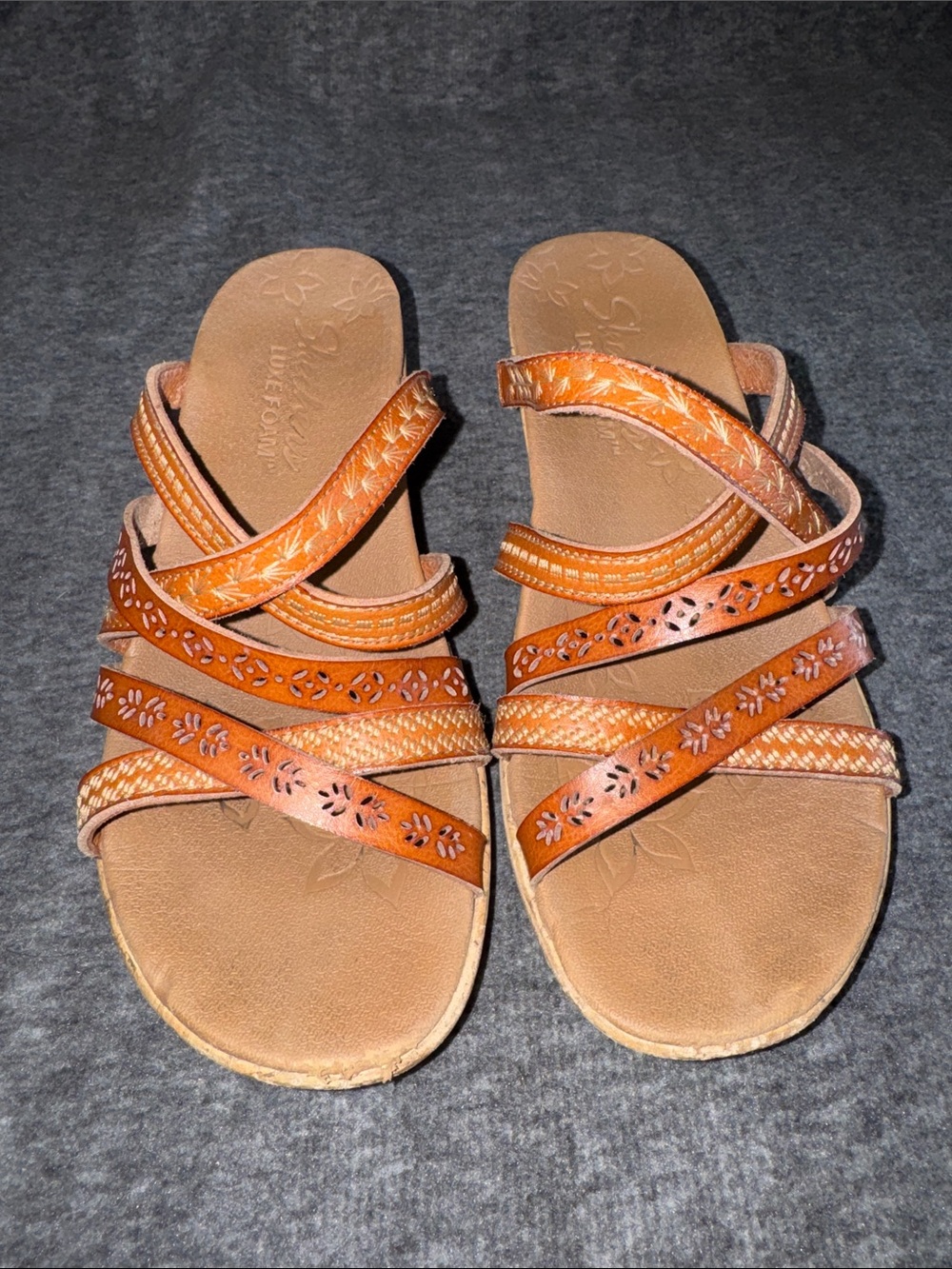 Skechers Luxe Foam Women's Brown Floral‎ Cutout Multi-Strap Sandals